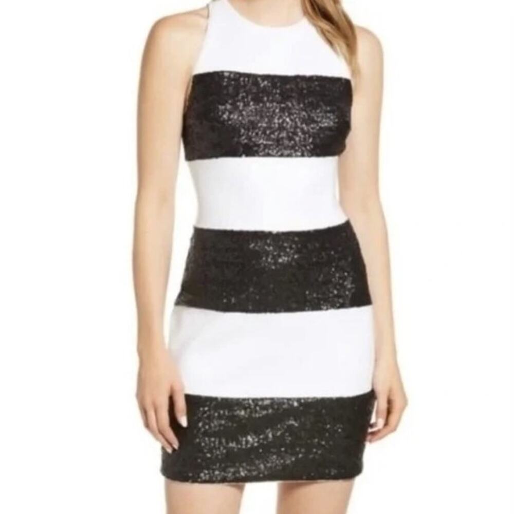 Bailey 44 Do The Hustle Dress White Black Small Stripe Sequins Sleeveless Sheath